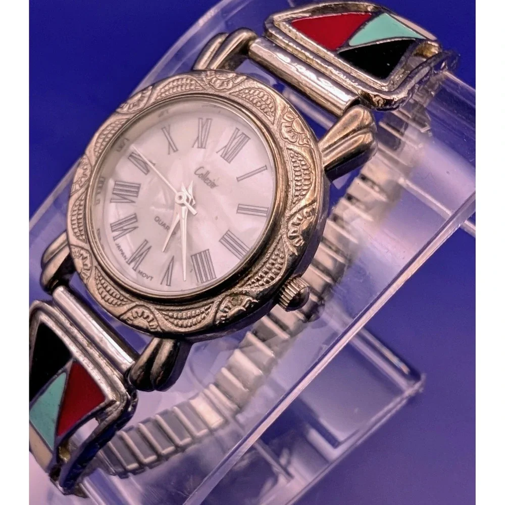 Vintage Collezio Ladies Watch w/Multi Color Enamel Band & MOP Dial - New Battery